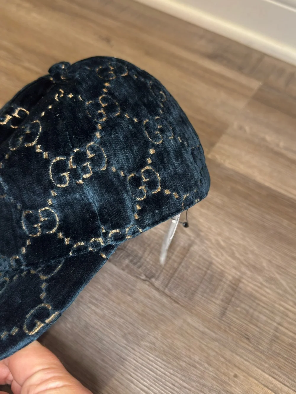 Gucci Double GG Logo Sapphire Blue Gold Velvet Baseball Cap Hat